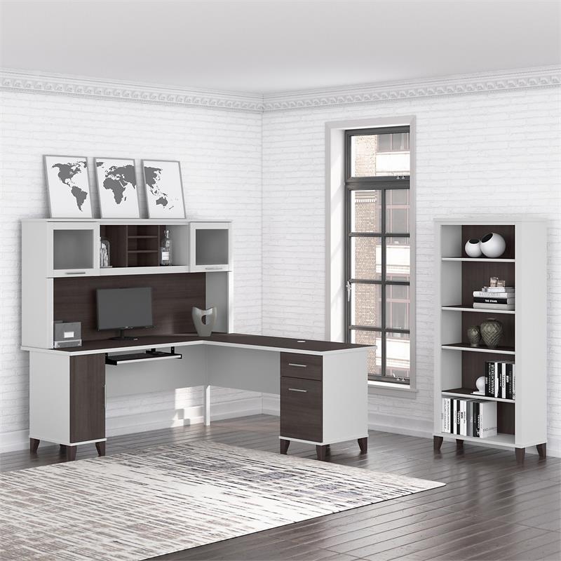 Pemberly Row 72W L Desk with Hutch and Bookcase in White/Gray - Engineered Wood