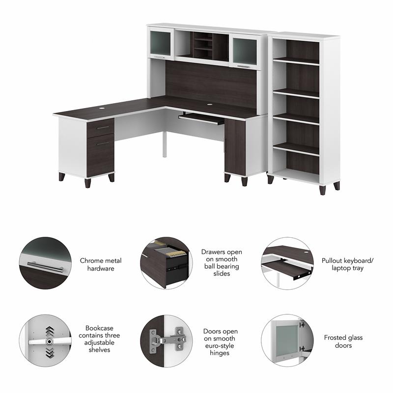 Pemberly Row 72W L Desk with Hutch and Bookcase in White/Gray - Engineered Wood