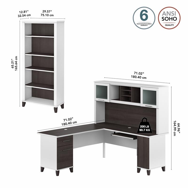 Pemberly Row 72W L Desk with Hutch and Bookcase in White/Gray - Engineered Wood