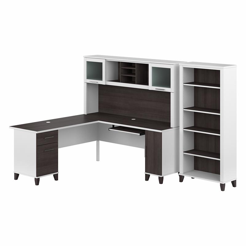Pemberly Row 72W L Desk with Hutch and Bookcase in White/Gray - Engineered Wood