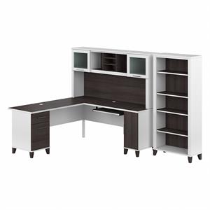 Pemberly Row 72W L Desk with Hutch and Bookcase in White/Gray - Engineered Wood