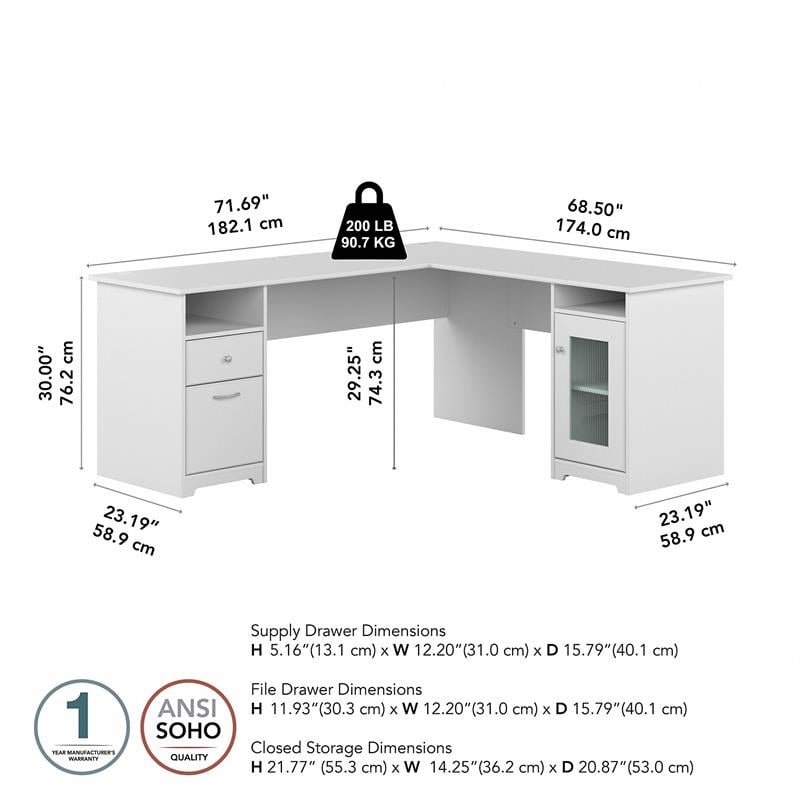 Pemberly Row 72W L Shaped Computer Desk with Storage in White - Engineered Wood