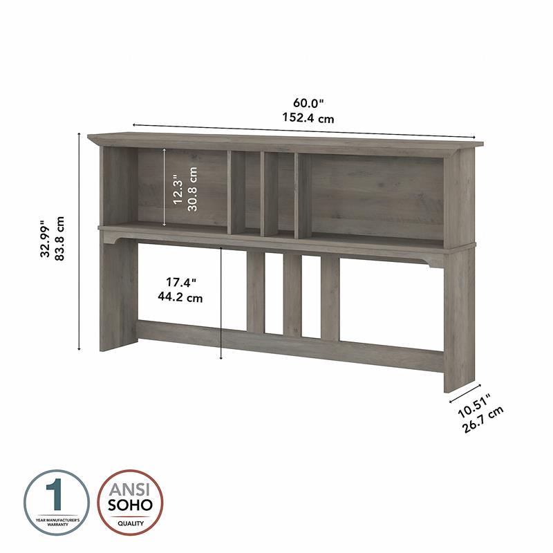 Pemberly Row 60W Hutch for L Shaped Desk in Driftwood Gray - Engineered Wood