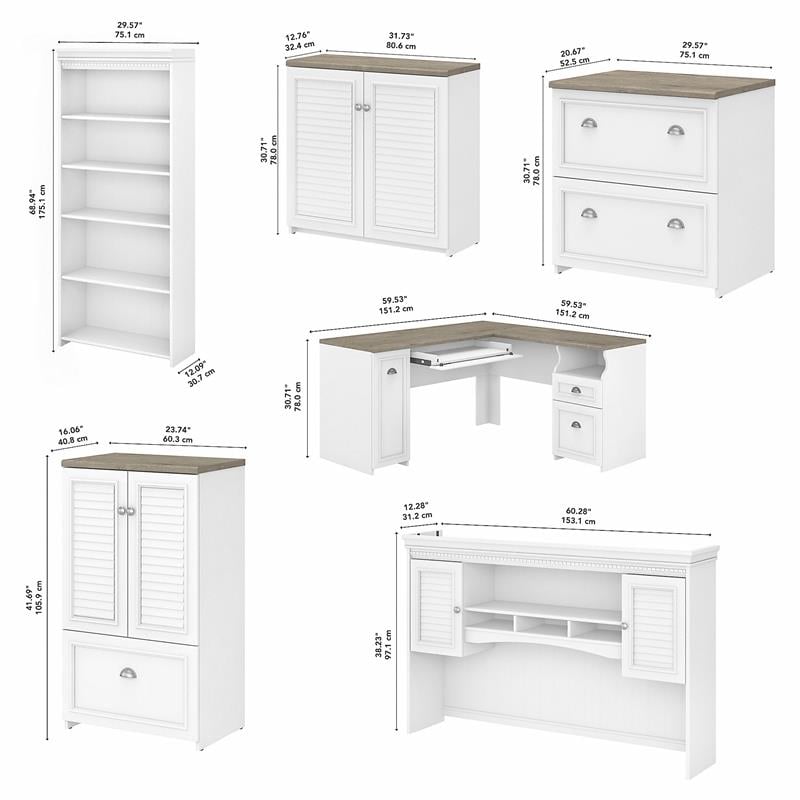 Pemberly Row L Desk 6 Pc Office Set in Pure White and Gray - Engineered Wood