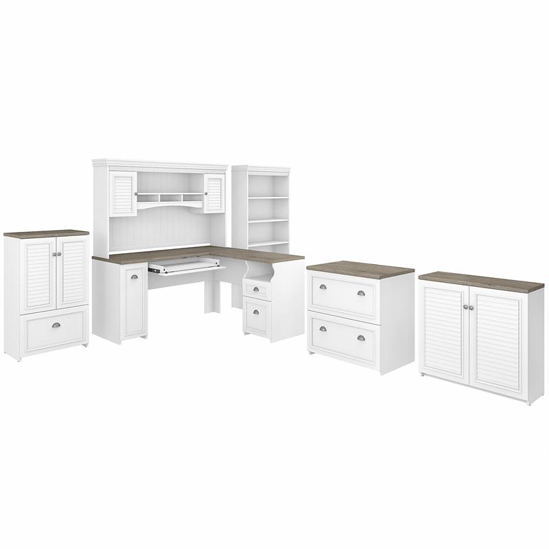 Pemberly Row L Desk 6 Pc Office Set in Pure White and Gray - Engineered Wood