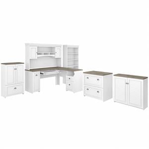 Pemberly Row L Desk 6 Pc Office Set in Pure White and Gray - Engineered Wood
