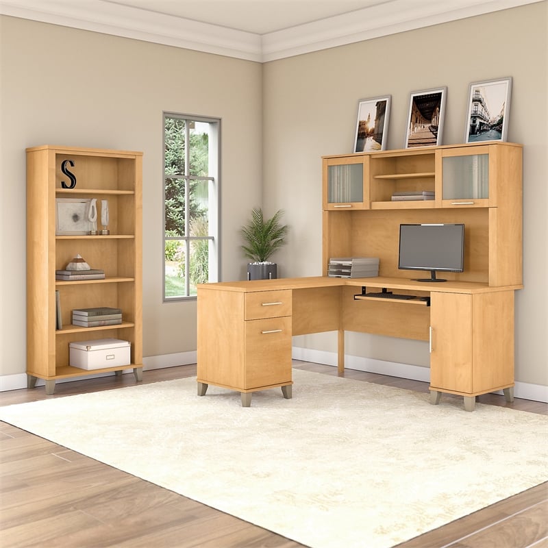 Pemberly Row 60W L Desk with Hutch and Bookcase in Maple Eng Wood