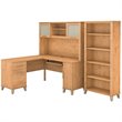 Pemberly Row 60W L Desk with Hutch and Bookcase in Maple Eng Wood