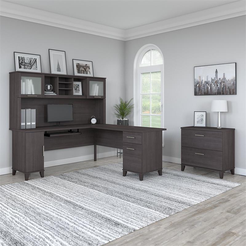 Pemberly Row Engineered Wood 72W L Desk with Hutch and File Cabinet - Storm Gray