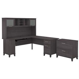 Pemberly Row Engineered Wood 72W L Desk with Hutch and File Cabinet - Storm Gray