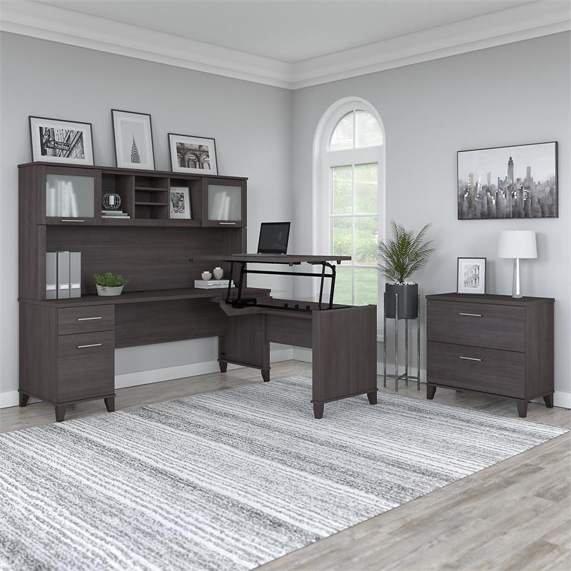 Pemberly Row Engineered Wood Sit to Stand L Desk Set & File Cabinet - Storm Gray