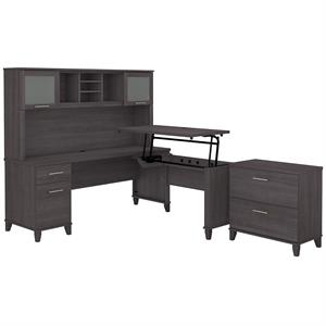 Pemberly Row Engineered Wood Sit to Stand L Desk Set & File Cabinet - Storm Gray