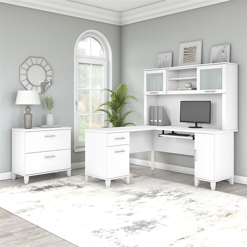 Pemberly Row Engineered Wood 60W L Shaped Desk with Hutch & File Cabinet - White