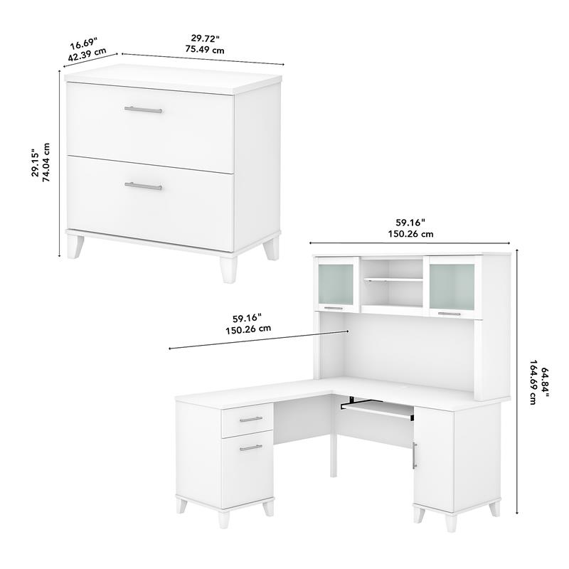 Pemberly Row Engineered Wood 60W L Shaped Desk with Hutch & File Cabinet - White