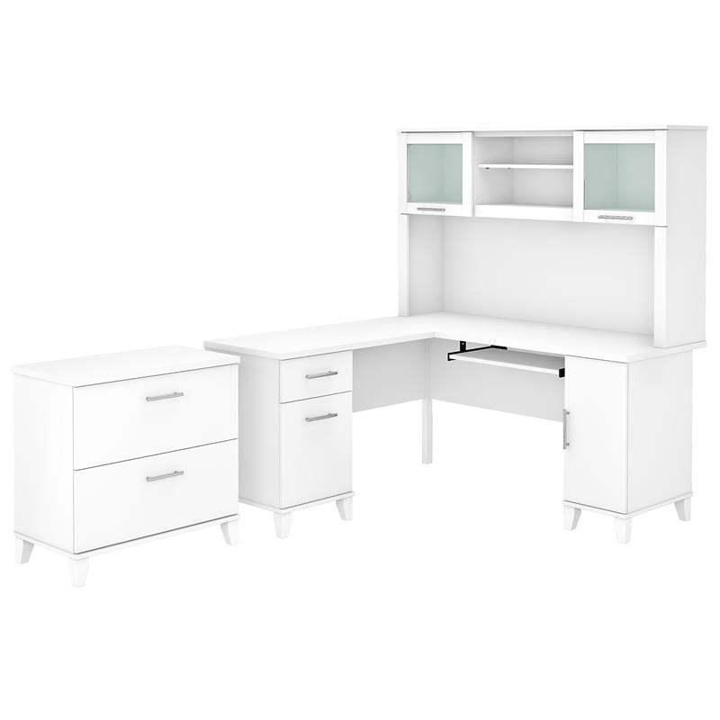 Pemberly Row Engineered Wood 60W L Shaped Desk with Hutch & File Cabinet - White