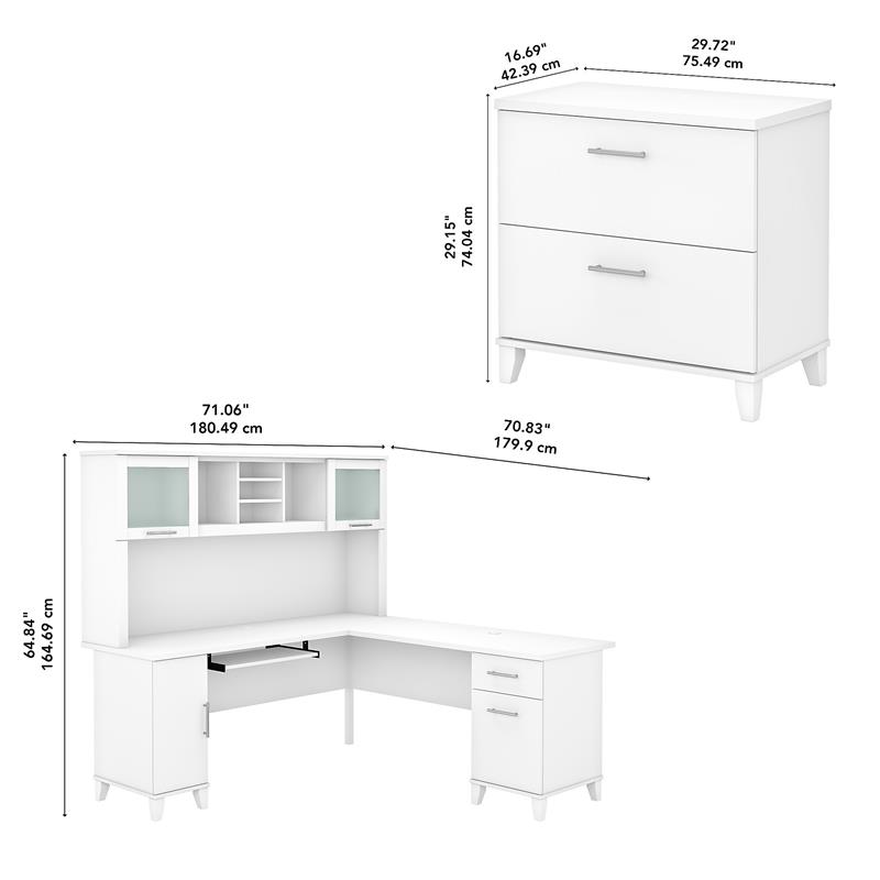 Pemberly Row Engineered Wood 72W L Shaped Desk with Hutch & File Cabinet - White