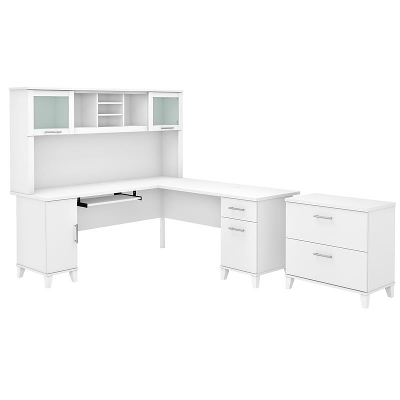 Pemberly Row Engineered Wood 72W L Shaped Desk with Hutch & File Cabinet - White