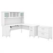 Pemberly Row Engineered Wood 72W L Shaped Desk with Hutch & File Cabinet - White