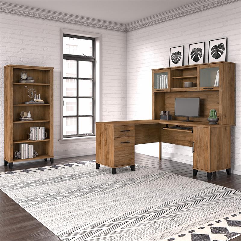 Pemberly Row Engineered Wood 60W L Desk with Hutch and Bookcase in Fresh Walnut