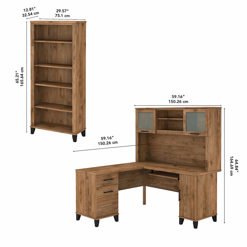 Pemberly Row Engineered Wood 60W L Desk with Hutch and Bookcase in Fresh Walnut
