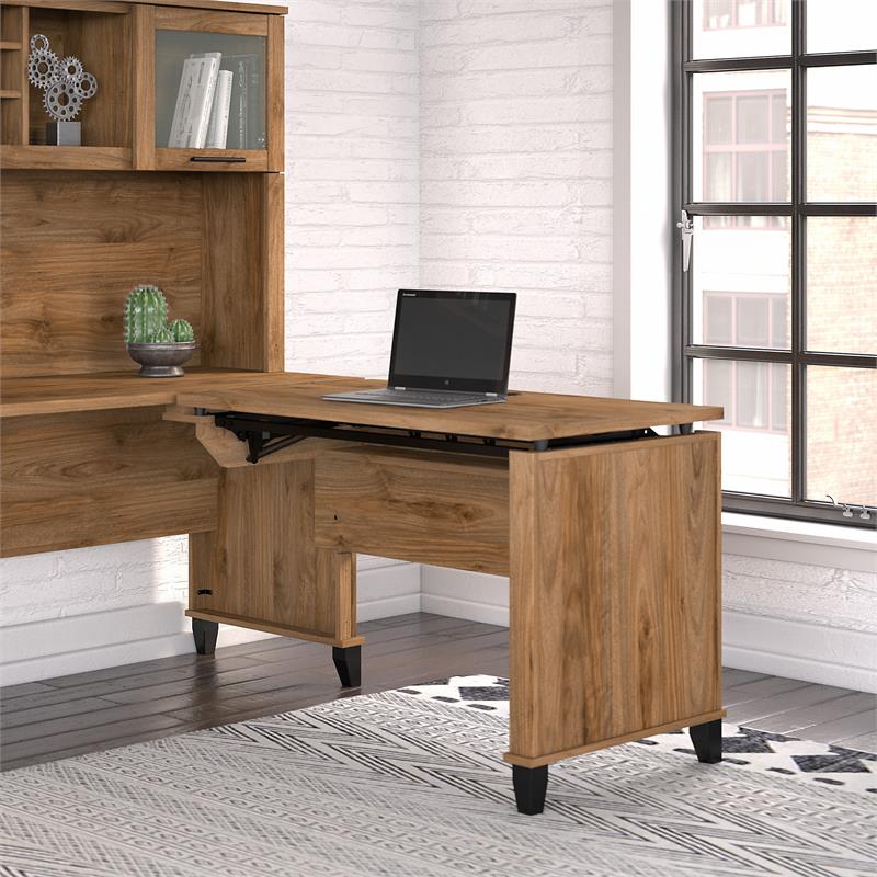 Pemberly Row Engineered Wood 42W 3 Position Sit to Stand Return in Fresh Walnut