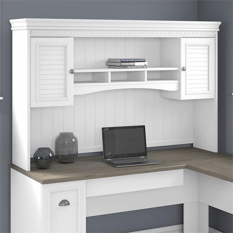 Pemberly Row 60W Hutch for L Shaped Desk in White and Gray - Engineered Wood