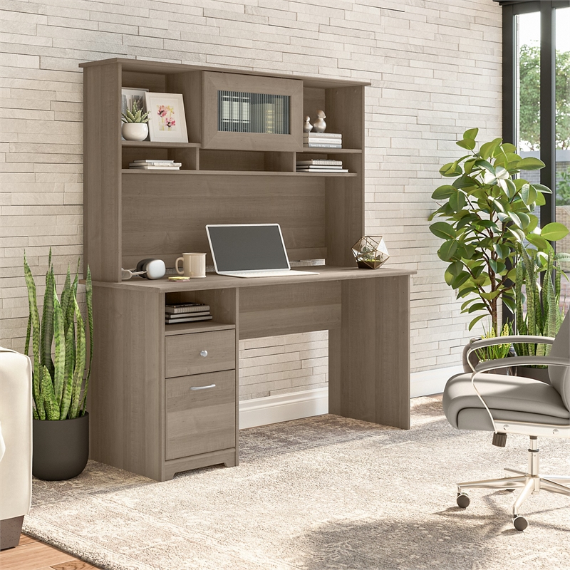 Pemberly Row 60W Computer Desk with Hutch in Ash Gray - Engineered Wood