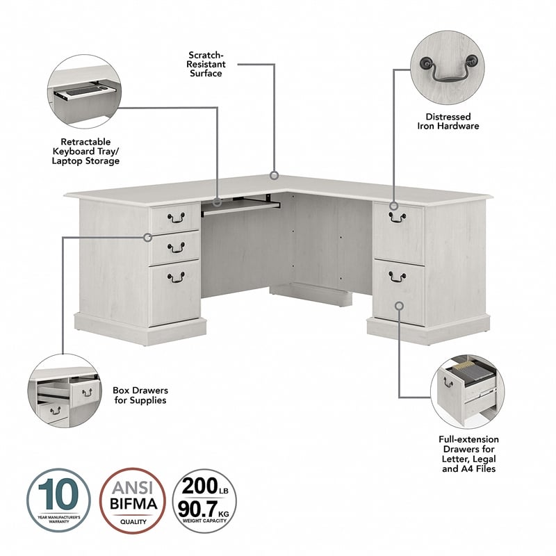 Pemberly Row Engineered Wood L Shaped Computer Desk with Bookcases - Linen White