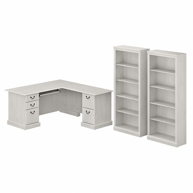 Pemberly Row Engineered Wood L Shaped Computer Desk with Bookcases - Linen White