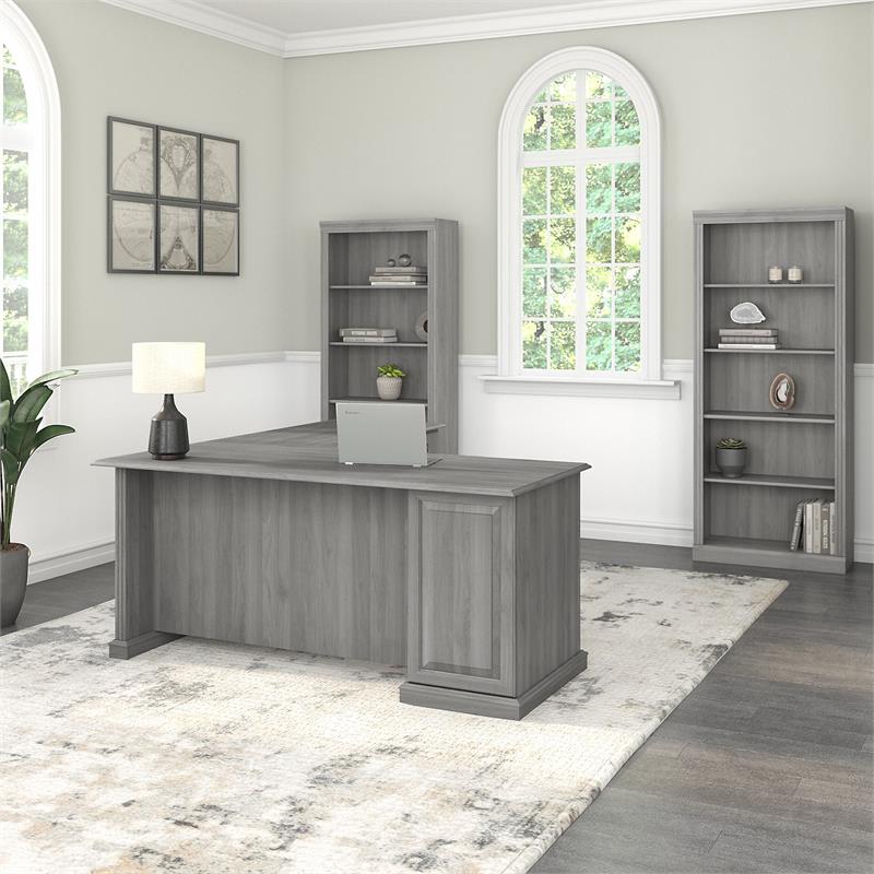 Pemberly Row Engineered Wood L Shaped Computer Desk with Bookcases - Modern Gray