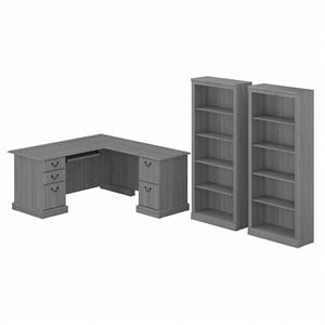 Pemberly Row Engineered Wood L Shaped Computer Desk with Bookcases - Modern Gray