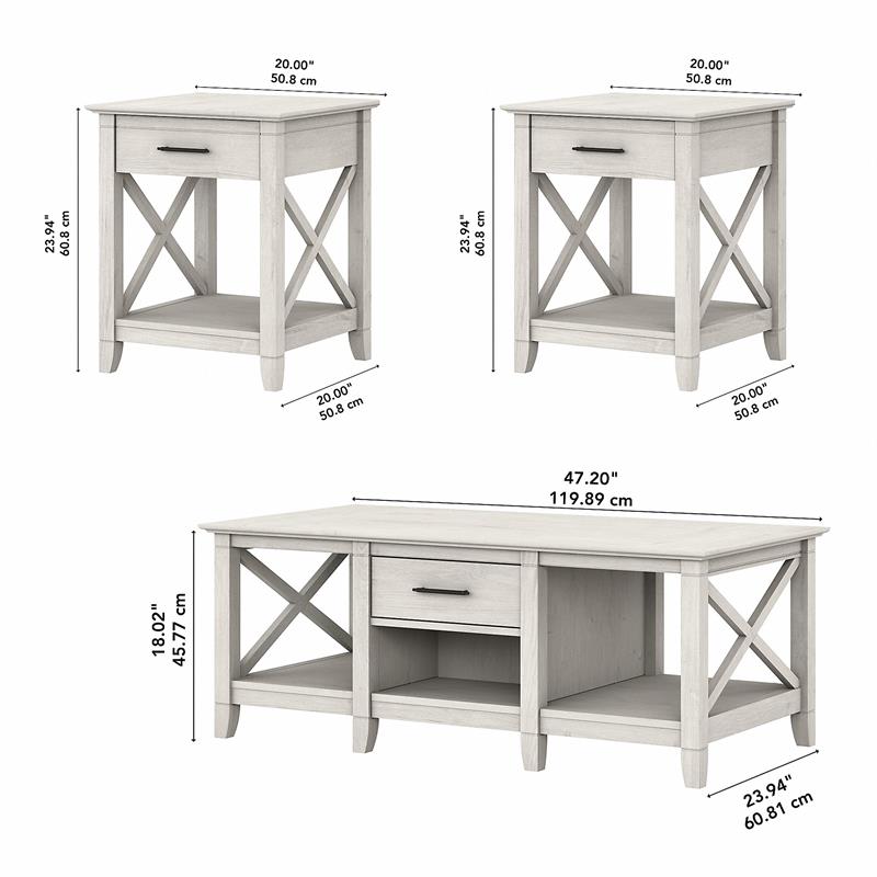 Pemberly Row Engineered Wood Coffee Table with Set of 2 End Tables - Linen White