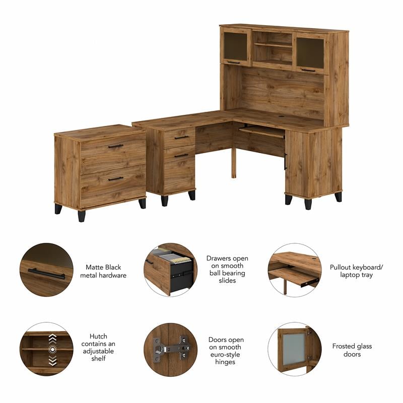 Pemberly Row Engineered Wood 60W L Desk with Hutch & File Cabinet - Fresh Walnut