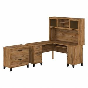 Pemberly Row Engineered Wood 60W L Desk with Hutch & File Cabinet - Fresh Walnut