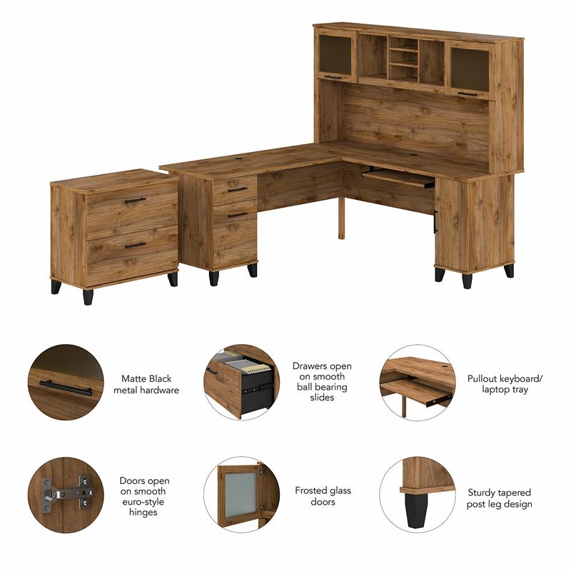 Pemberly Row Engineered Wood 72W L Desk with Hutch & File Cabinet - Fresh Walnut