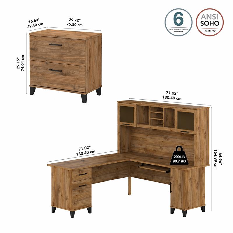 Pemberly Row Engineered Wood 72W L Desk with Hutch & File Cabinet - Fresh Walnut