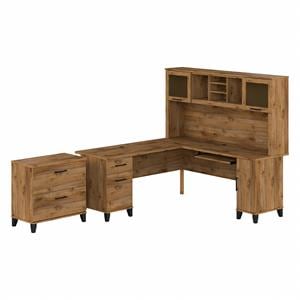 Pemberly Row Engineered Wood 72W L Desk with Hutch & File Cabinet - Fresh Walnut