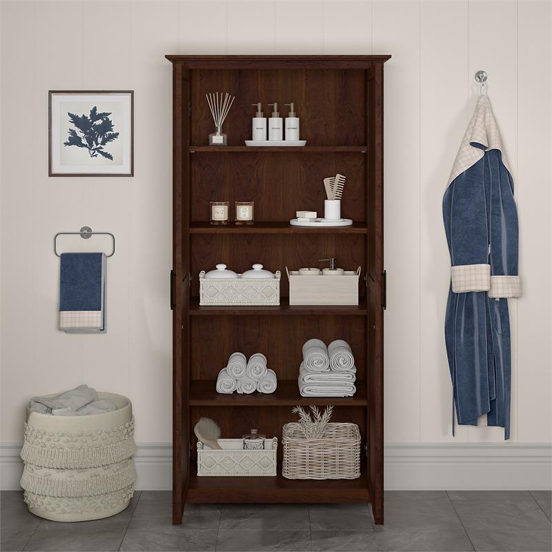 Pemberly Row Engineered Wood Bathroom Storage Cabinet with Doors in Bing Cherry