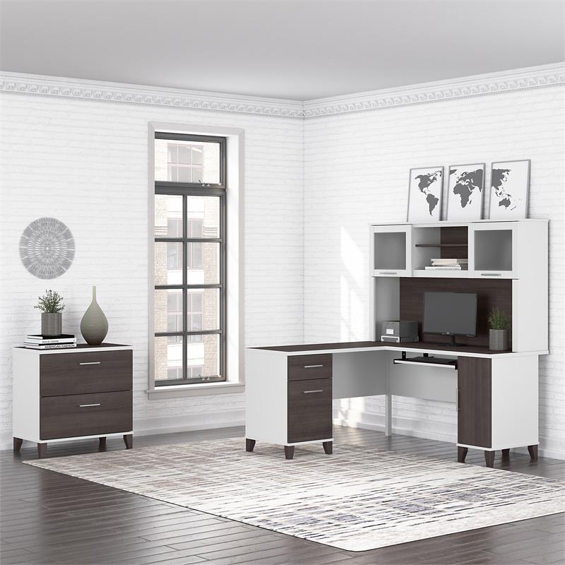 Pemberly Row Engineered Wood 60W L Desk with Hutch & File Cabinet in White/Gray