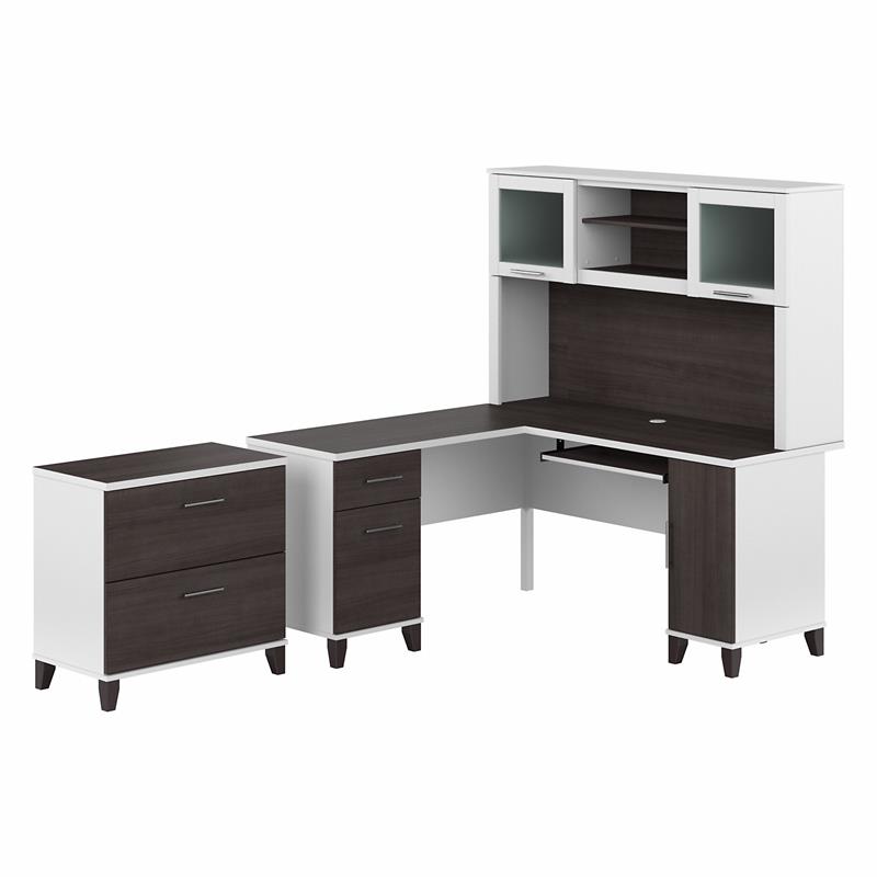 Pemberly Row Engineered Wood 60W L Desk with Hutch & File Cabinet in White/Gray