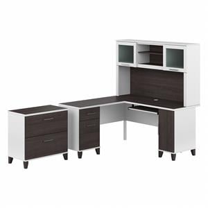 Pemberly Row Engineered Wood 60W L Desk with Hutch & File Cabinet in White/Gray