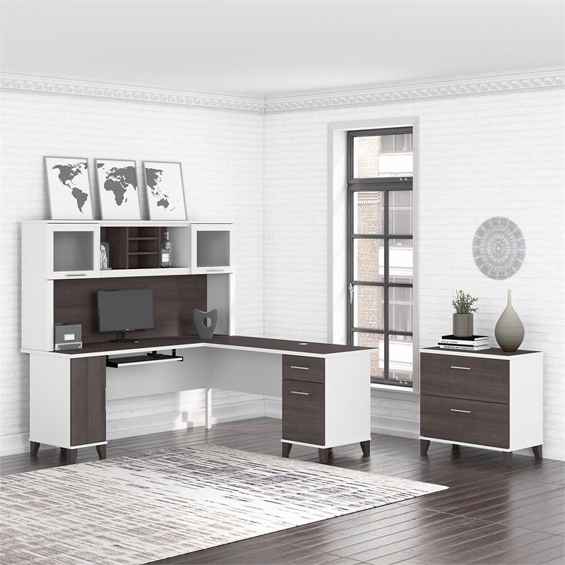 Pemberly Row Engineered Wood 72W L Desk with Hutch & File Cabinet in White/Gray