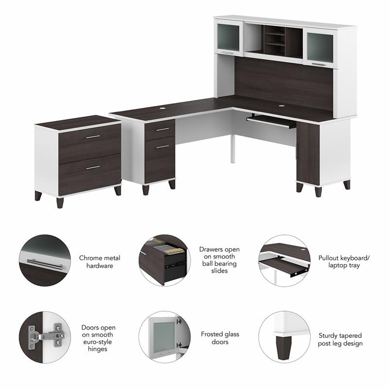 Pemberly Row Engineered Wood 72W L Desk with Hutch & File Cabinet in White/Gray