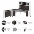 Pemberly Row Engineered Wood 72W L Desk with Hutch & File Cabinet in White/Gray