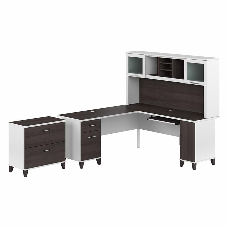 Pemberly Row Engineered Wood 72W L Desk with Hutch & File Cabinet in White/Gray