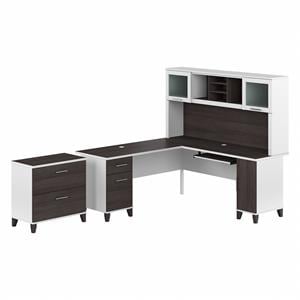 Pemberly Row Engineered Wood 72W L Desk with Hutch & File Cabinet in White/Gray