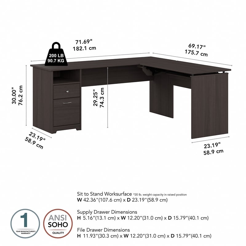 Pemberly Row Engineered Wood 72W 3 Position Sit to Stand L Desk in Heather Gray