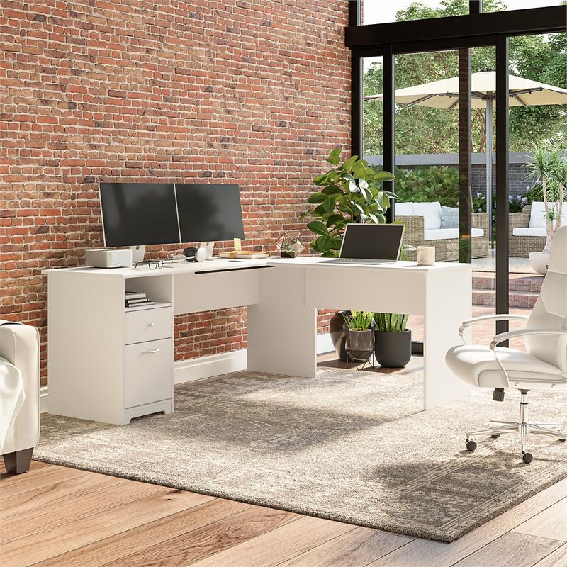 Pemberly Row 72W L Shaped Computer Desk with File in White - Engineered Wood