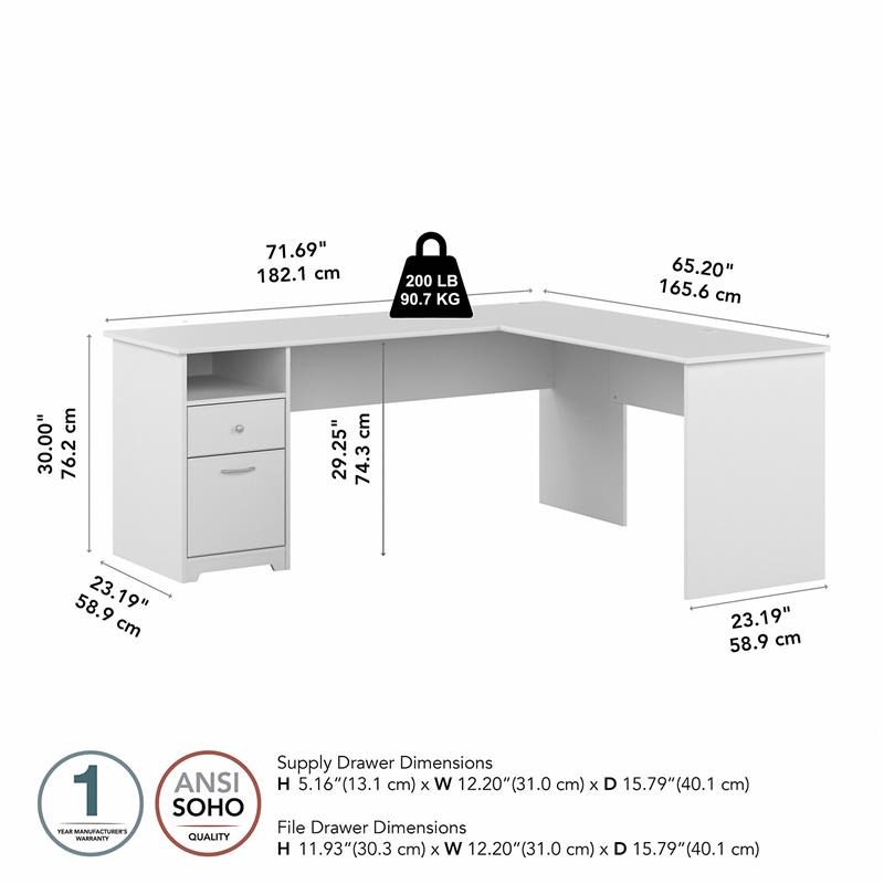 Pemberly Row 72W L Shaped Computer Desk with File in White - Engineered Wood