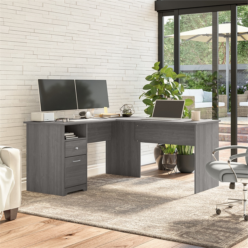 Pemberly Row Engineered Wood 60W L Shaped Computer Desk with Drawers - Gray